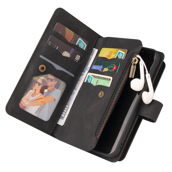 For iPhone 15 Zipper Wallet Case with 15 Card Slots and Strap Leather Phone Cover - Black - 6