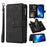 For iPhone 15 Pro Zipper Wallet Case with 15 Card Slots and Strap Leather Phone Cover - Black - 1
