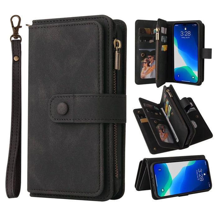 For iPhone 15 Pro Zipper Wallet Case with 15 Card Slots and Strap Leather Phone Cover - Black - 1