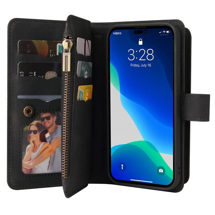For iPhone 15 Pro Zipper Wallet Case with 15 Card Slots and Strap Leather Phone Cover - Black - 5