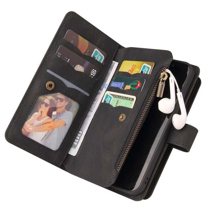 For iPhone 15 Pro Zipper Wallet Case with 15 Card Slots and Strap Leather Phone Cover - Black - 6