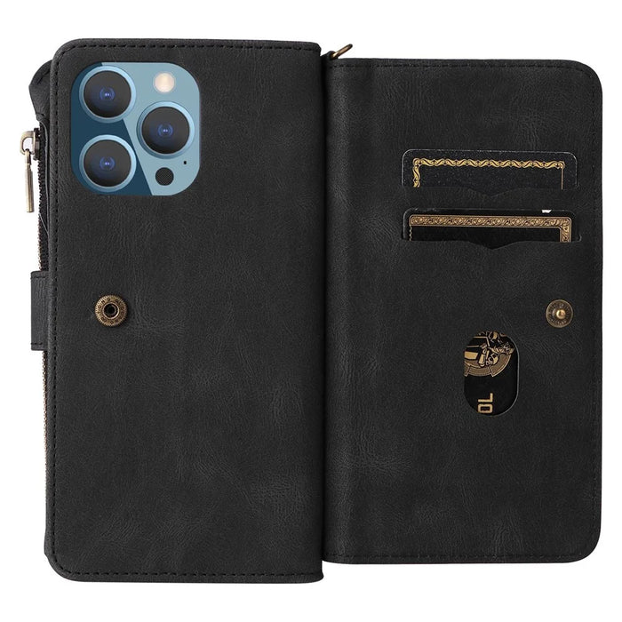 For iPhone 15 Pro Zipper Wallet Case with 15 Card Slots and Strap Leather Phone Cover - Black - 7