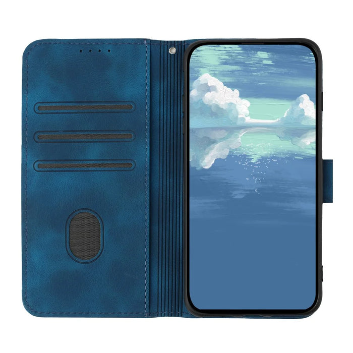 YX0040 For iPhone 15 Pro Max Leather Wallet Case Imprinted Flip Stand Smartphone Cover - Sapphire - 2