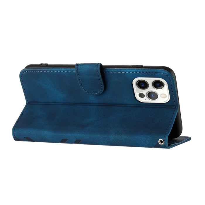 YX0040 For iPhone 15 Pro Max Leather Wallet Case Imprinted Flip Stand Smartphone Cover - Sapphire - 3