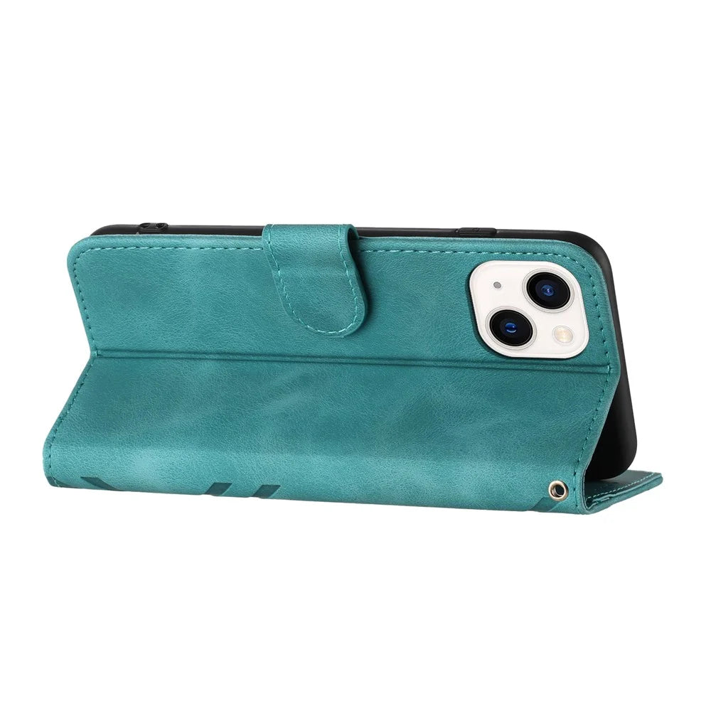 YX0040 For iPhone 15 Plus Anti-drop Leather Case Imprinted Wallet Stand Phone Cover - Baby Blue - 3