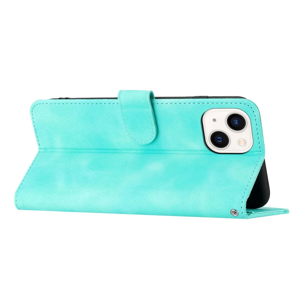 YX003 For iPhone 15 Plus Leather Wallet Stand Shell Full Protection Imprinted Phone Case - Baby Blue - 3