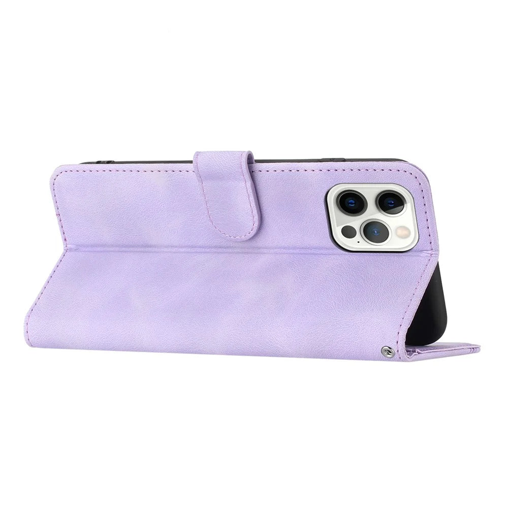 YX003 For iPhone 15 Pro Max PU Leather Stand Phone Case Imprinted Wallet Protection Cover - Purple - 3