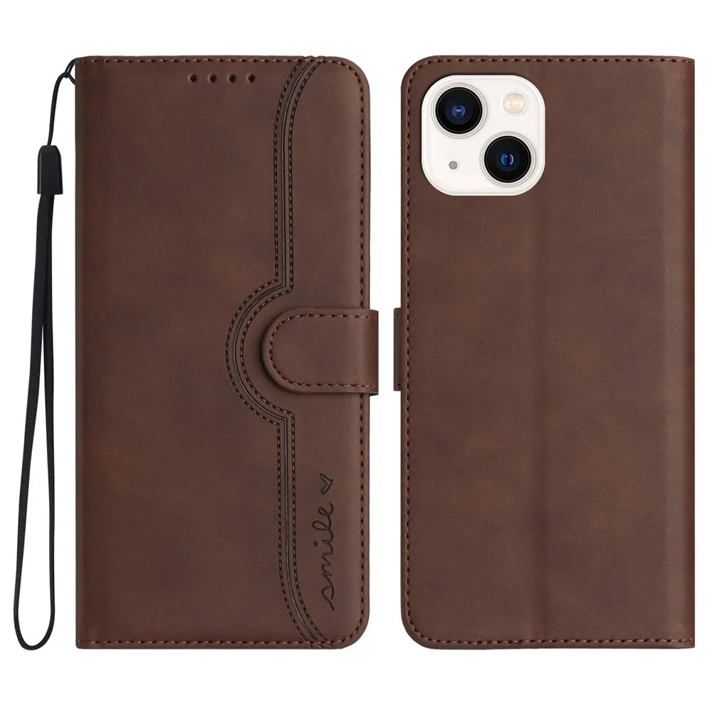YX003 For iPhone 15 Leather Wallet Stand Shockproof Cover Imprinted Phone Case - Brown - 1