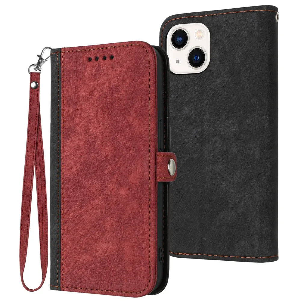 YX0020 For iPhone 15 PU Leather Anti-fall Shell Dual Magnetic Clasp Flip Stand Cover with Strap - Red - 1