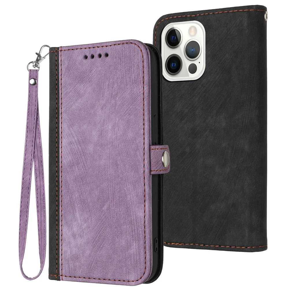 YX0020 For iPhone 15 Pro Dual Magnetic Clasp PU Leather Case Stand Wallet Phone Cover with Strap - Purple - 1