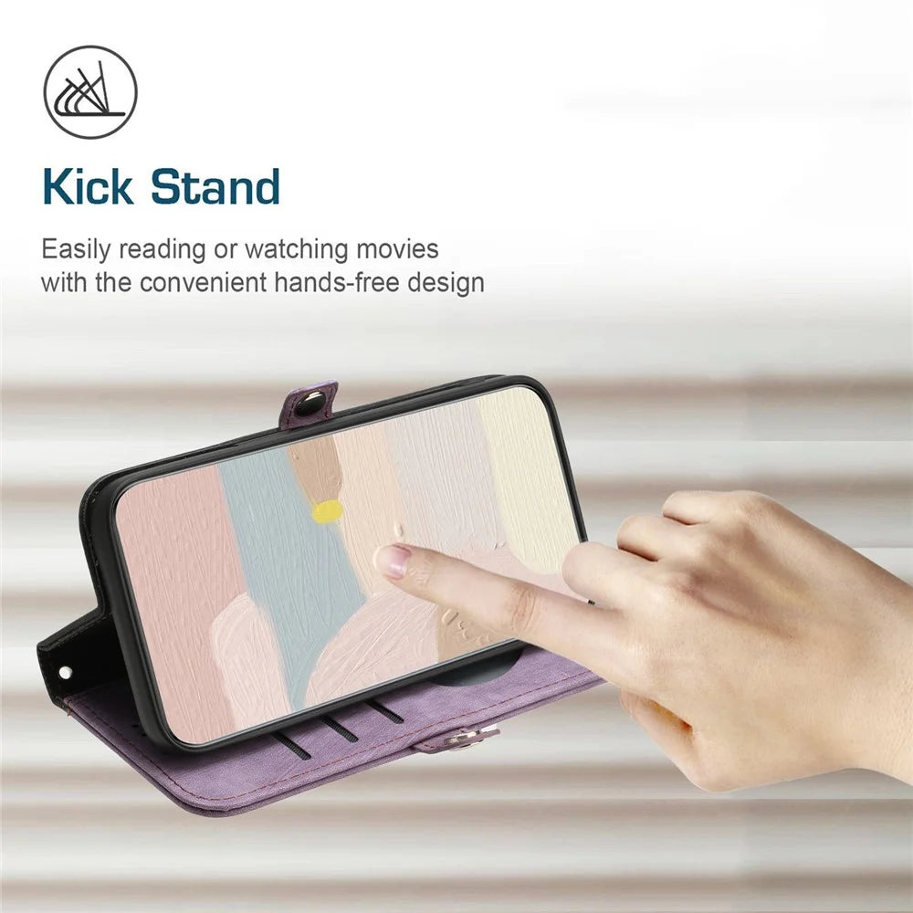 YX0020 For iPhone 15 Pro Dual Magnetic Clasp PU Leather Case Stand Wallet Phone Cover with Strap - Purple - 3