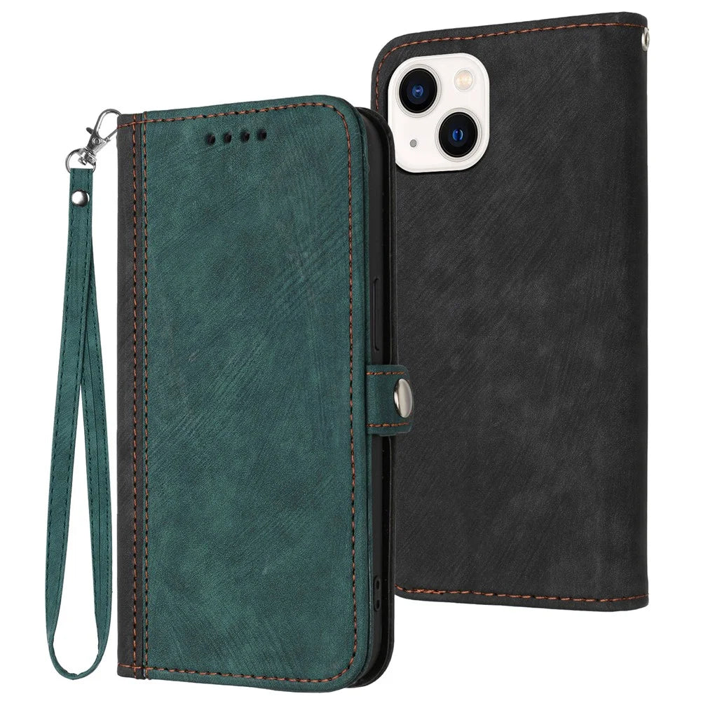 YX0020 For iPhone 15 Plus PU Leather Phone Case Anti-drop Wallet Stand Cover with Strap - Blackish Green - 1