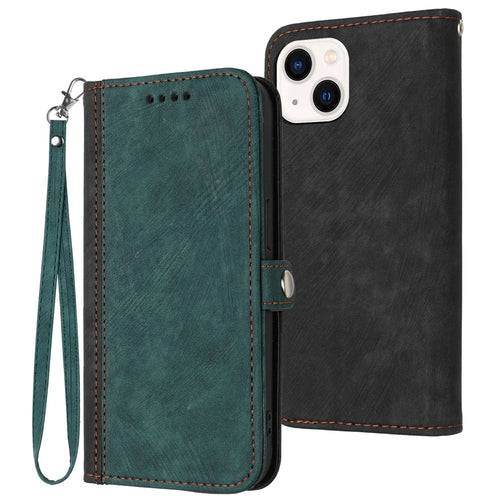 YX0020 For iPhone 15 Plus PU Leather Phone Case Anti-drop Wallet Stand Cover with Strap - Blackish Green - 1