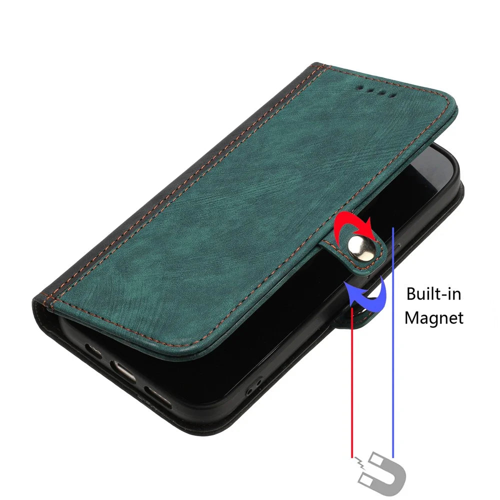 YX0020 For iPhone 15 Plus PU Leather Phone Case Anti-drop Wallet Stand Cover with Strap - Blackish Green - 5