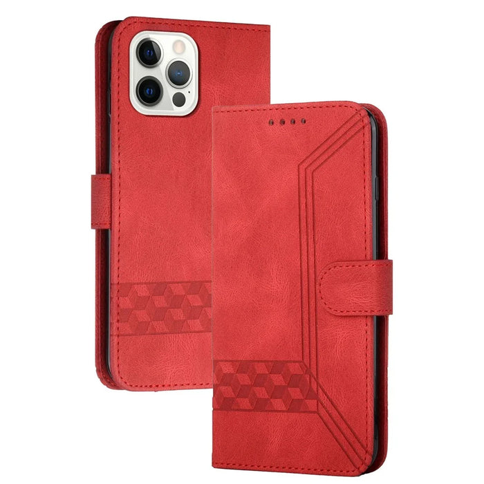 YX0010 Series for iPhone 15 Pro Imprinted Cell Phone Wallet Cover Folding Stand PU Leather Case - Red - 1