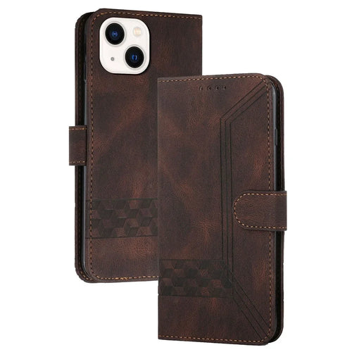 YX0010 Series for iPhone 15 Plus Imprinted Leather Stand Wallet Cover Anti-drop Phone Case - Coffee - 1