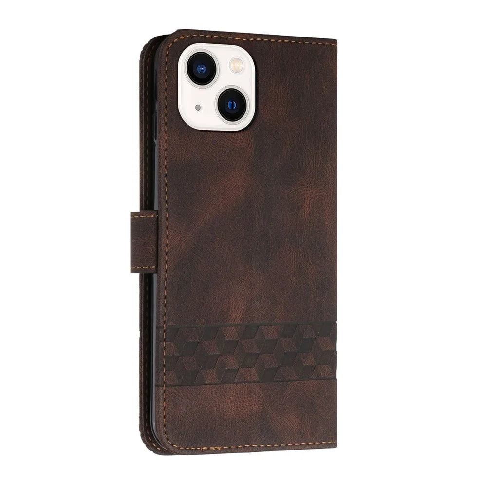 YX0010 Series for iPhone 15 Plus Imprinted Leather Stand Wallet Cover Anti-drop Phone Case - Coffee - 5
