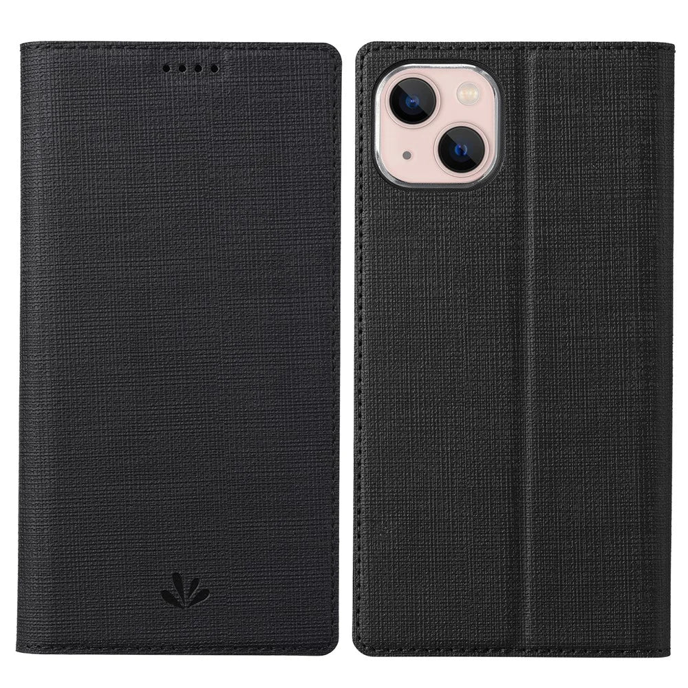 VILI DMX Series Ant-scratch Leather Phone Case for iPhone 15 , Stand Cover with Card Slot - Black - 1