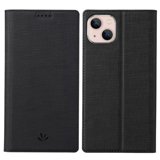 VILI DMX Series Ant-scratch Leather Phone Case for iPhone 15 , Stand Cover with Card Slot - Black - 1