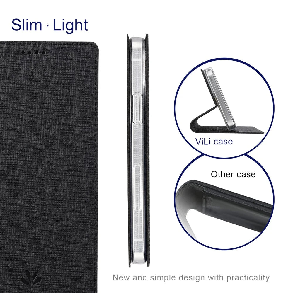 VILI DMX Series Ant-scratch Leather Phone Case for iPhone 15 , Stand Cover with Card Slot - Black - 4
