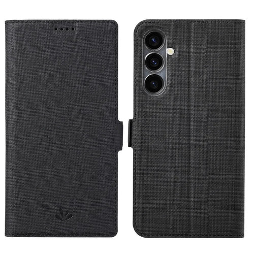 VILI DMK Series Wallet Leather Case for Samsung Galaxy S23 FE , Stand Cross Texture Phone Cover - Black - 1