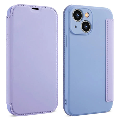 For iPhone 15 Card Holder Kickstand Liquid Silicone Bump Proof Protective Case Skin-touch Phone Cover - Light Purple - 1