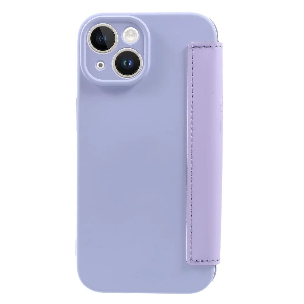 For iPhone 15 Card Holder Kickstand Liquid Silicone Bump Proof Protective Case Skin-touch Phone Cover - Light Purple - 3