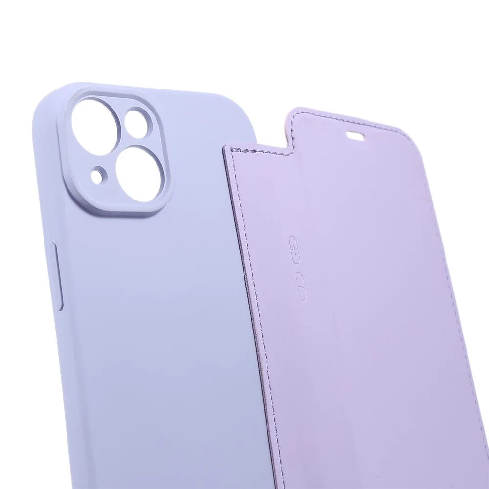 For iPhone 15 Card Holder Kickstand Liquid Silicone Bump Proof Protective Case Skin-touch Phone Cover - Light Purple - 5
