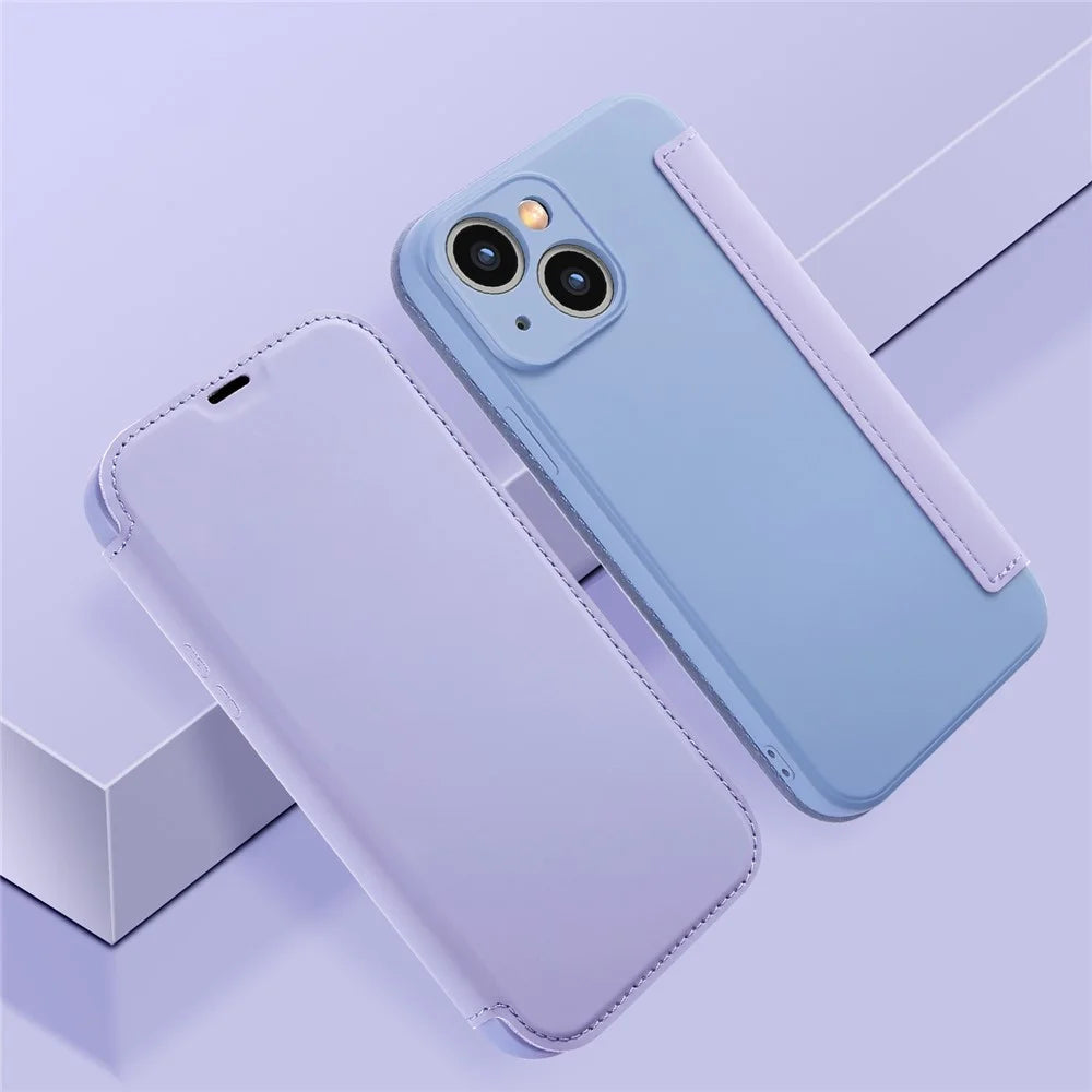 For iPhone 15 Card Holder Kickstand Liquid Silicone Bump Proof Protective Case Skin-touch Phone Cover - Light Purple - 7
