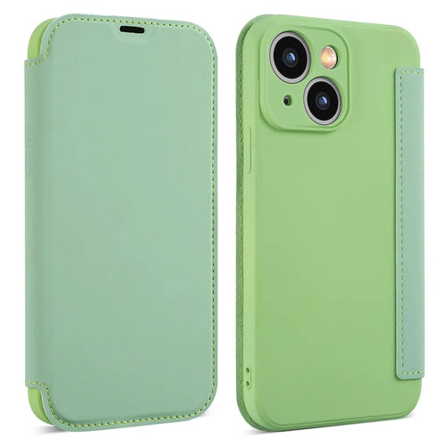 Skin-touch Phone Cover for iPhone 15 Plus , Card Holder Kickstand Liquid Silicone Protective Case - Matcha Green - 1