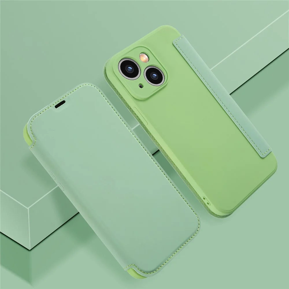 Skin-touch Phone Cover for iPhone 15 Plus , Card Holder Kickstand Liquid Silicone Protective Case - Matcha Green - 2