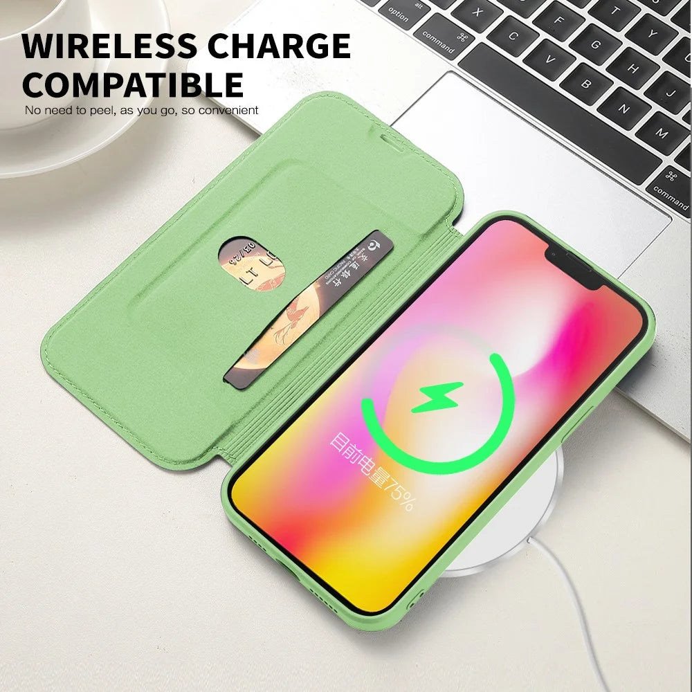 Skin-touch Phone Cover for iPhone 15 Plus , Card Holder Kickstand Liquid Silicone Protective Case - Matcha Green - 3