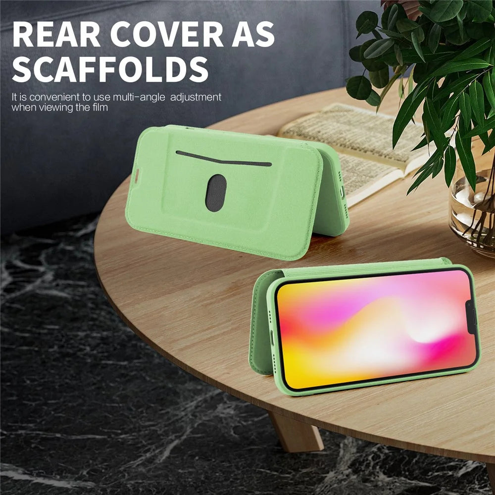 Skin-touch Phone Cover for iPhone 15 Plus , Card Holder Kickstand Liquid Silicone Protective Case - Matcha Green - 4