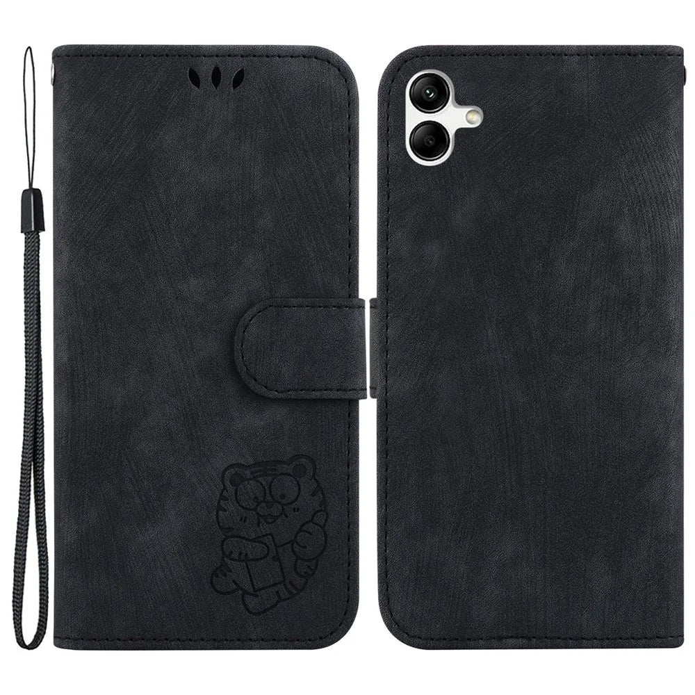 For Samsung Galaxy A04e 4G / F04 4G / M04 4G Leather Wallet Stand Cover Cartoon Tiger Imprint Phone Case - Black - 1