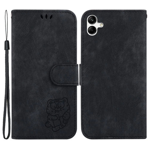 For Samsung Galaxy A04e 4G / F04 4G / M04 4G Leather Wallet Stand Cover Cartoon Tiger Imprint Phone Case - Black - 1