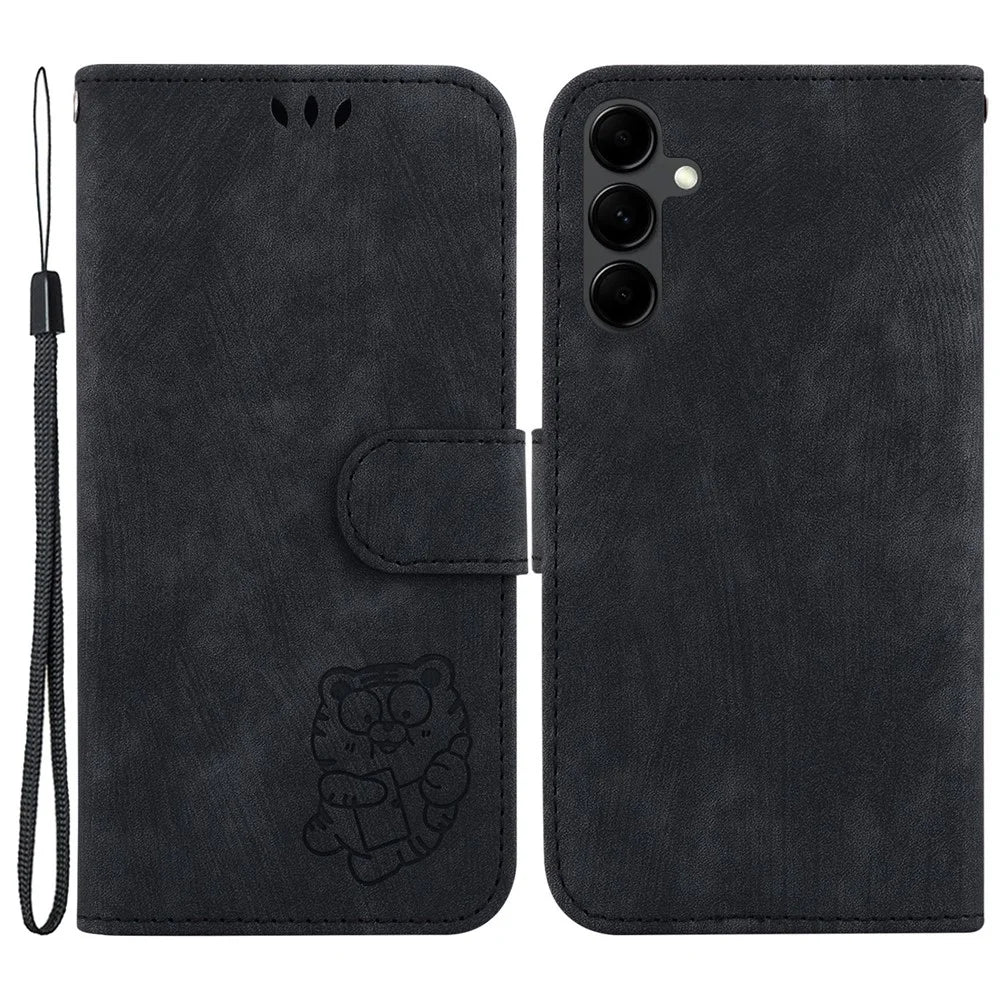 PU Leather Anti-fall Cover for Samsung Galaxy A25 5G (Global) (161.0 x 76.5 x 8.3mm) Cute Tiger Imprint Wallet Stand Phone Case - Black - 1