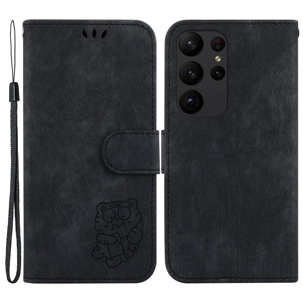 For Samsung Galaxy S23 Ultra Anti-drop Shell Cute Tiger Imprint Leather Wallet Stand Phone Case - Black - 1