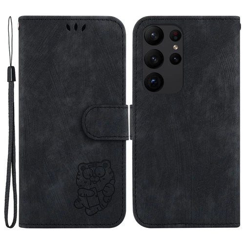 For Samsung Galaxy S23 Ultra Anti-drop Shell Cute Tiger Imprint Leather Wallet Stand Phone Case - Black - 1