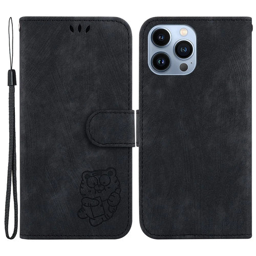 Cartoon Tiger Imprint Cover for iPhone 14 Pro Leather Wallet Stand Anti-scratch Phone Case - Black - 1