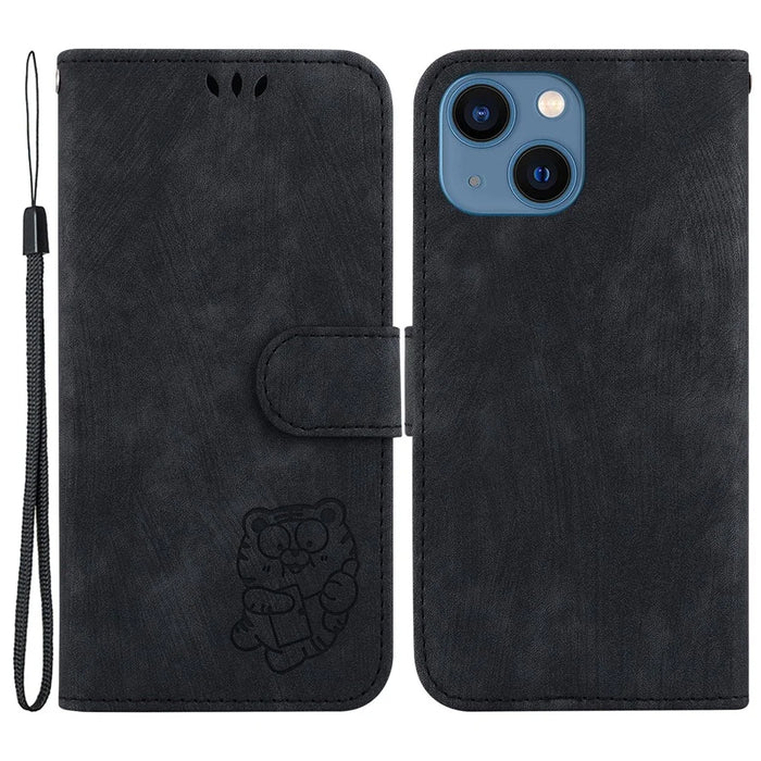 For iPhone 14 Plus Cute Tiger Imprint Anti-drop Phone Shell PU Leather Wallet Stand Case - Black - 1
