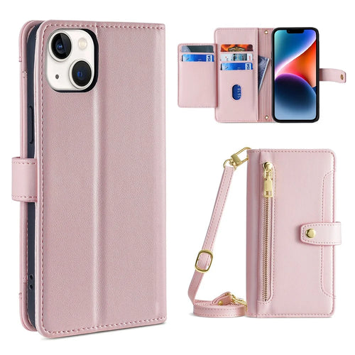 For iPhone 15 Plus Zipper Pocket Wallet Case PU Leather Stand Card Slots Phone Cover with Wrist Strap and Shoulder Strap - Pink - 1