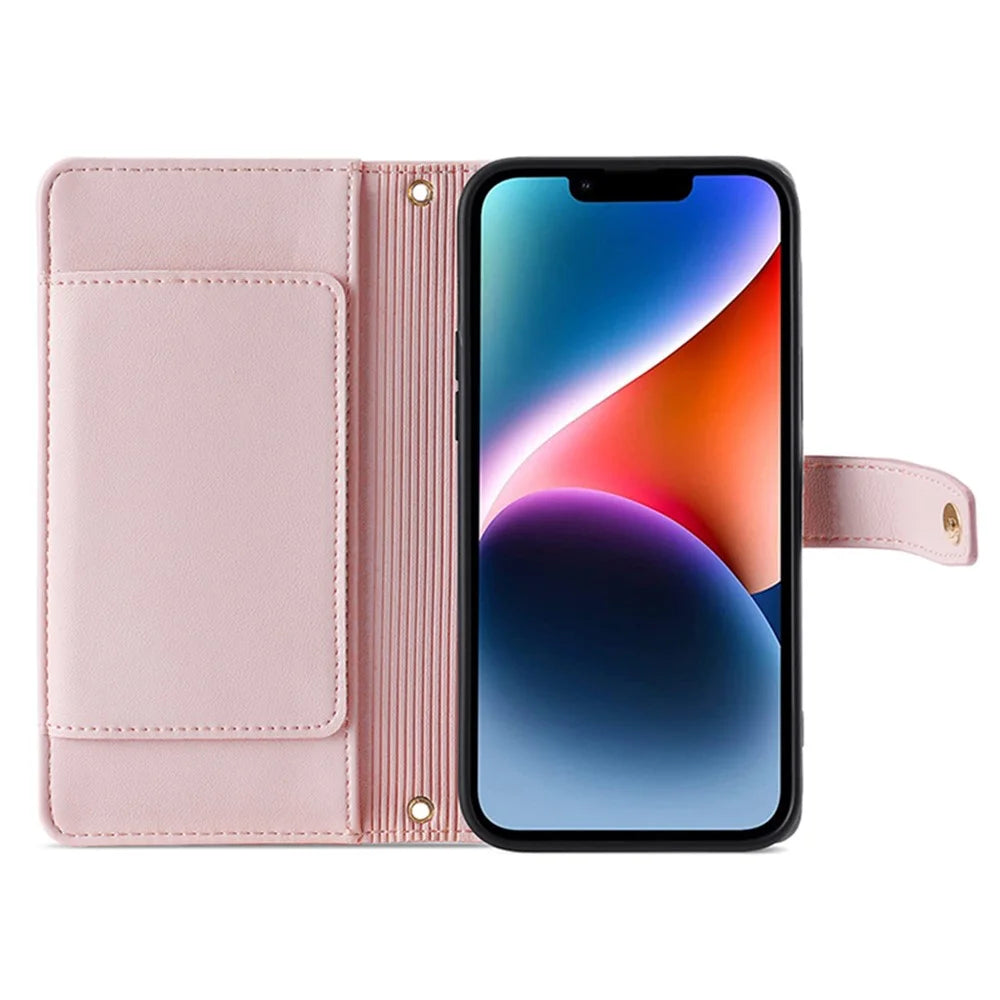 For iPhone 15 Plus Zipper Pocket Wallet Case PU Leather Stand Card Slots Phone Cover with Wrist Strap and Shoulder Strap - Pink - 2