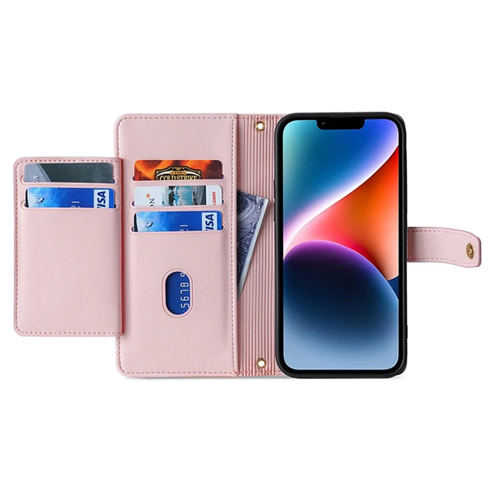 For iPhone 15 Plus Zipper Pocket Wallet Case PU Leather Stand Card Slots Phone Cover with Wrist Strap and Shoulder Strap - Pink - 3