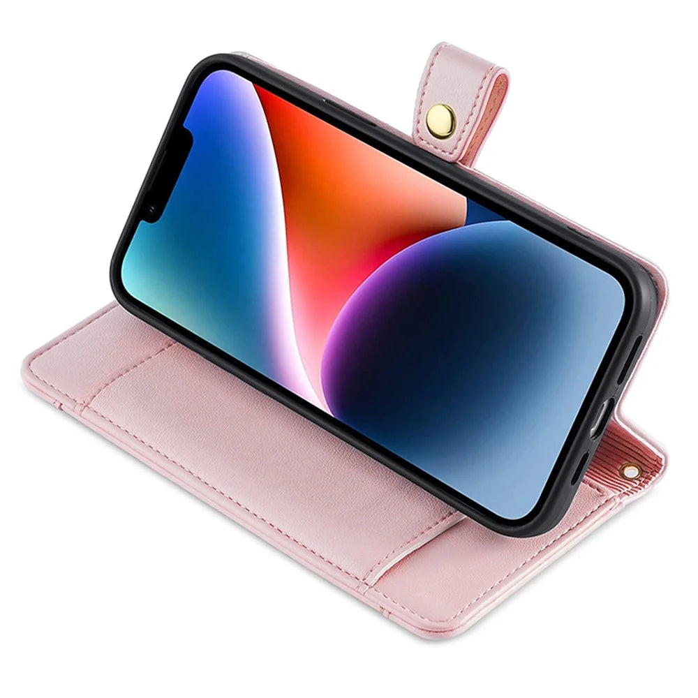 For iPhone 15 Plus Zipper Pocket Wallet Case PU Leather Stand Card Slots Phone Cover with Wrist Strap and Shoulder Strap - Pink - 4