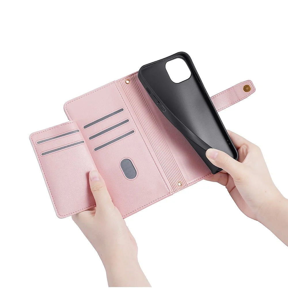 For iPhone 15 Plus Zipper Pocket Wallet Case PU Leather Stand Card Slots Phone Cover with Wrist Strap and Shoulder Strap - Pink - 7