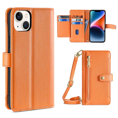 Phone Case Wallet for iPhone 15 , Zipper Pocket PU Leather Stand Card Slots Cover with Wrist Strap and Shoulder Strap - Orange - 1