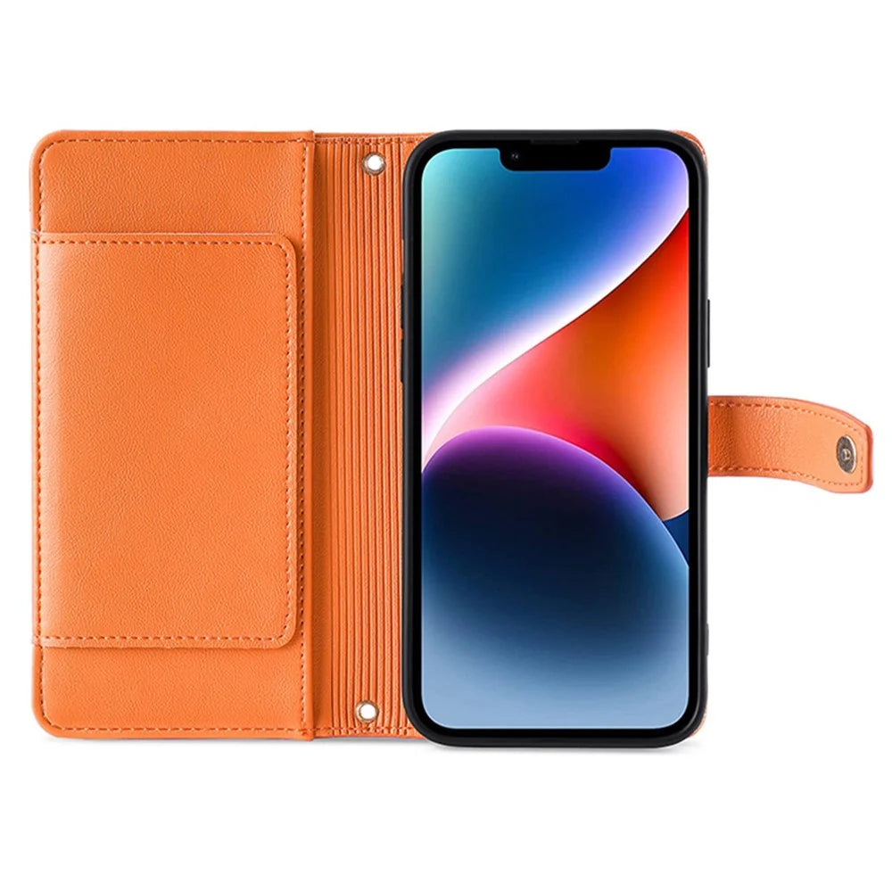 Phone Case Wallet for iPhone 15 , Zipper Pocket PU Leather Stand Card Slots Cover with Wrist Strap and Shoulder Strap - Orange - 2