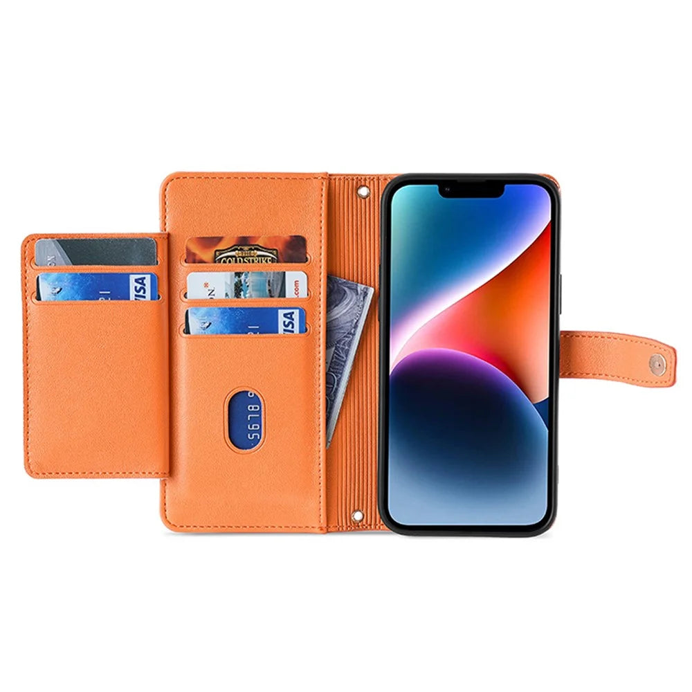 Phone Case Wallet for iPhone 15 , Zipper Pocket PU Leather Stand Card Slots Cover with Wrist Strap and Shoulder Strap - Orange - 3