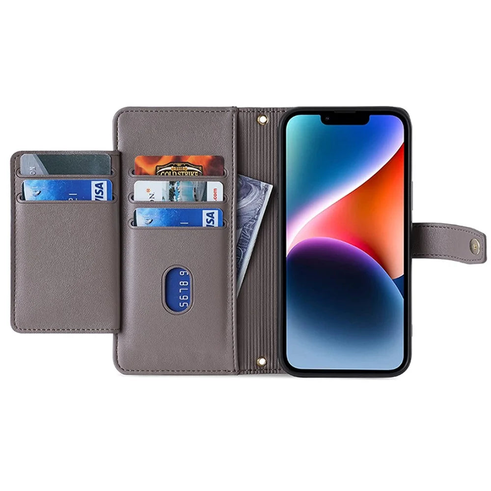 For iPhone 15 Pro Zipper Credit Card Holder Case PU Leather Stand Wallet Phone Cover with Wrist Strap and Shoulder Strap - Grey - 3