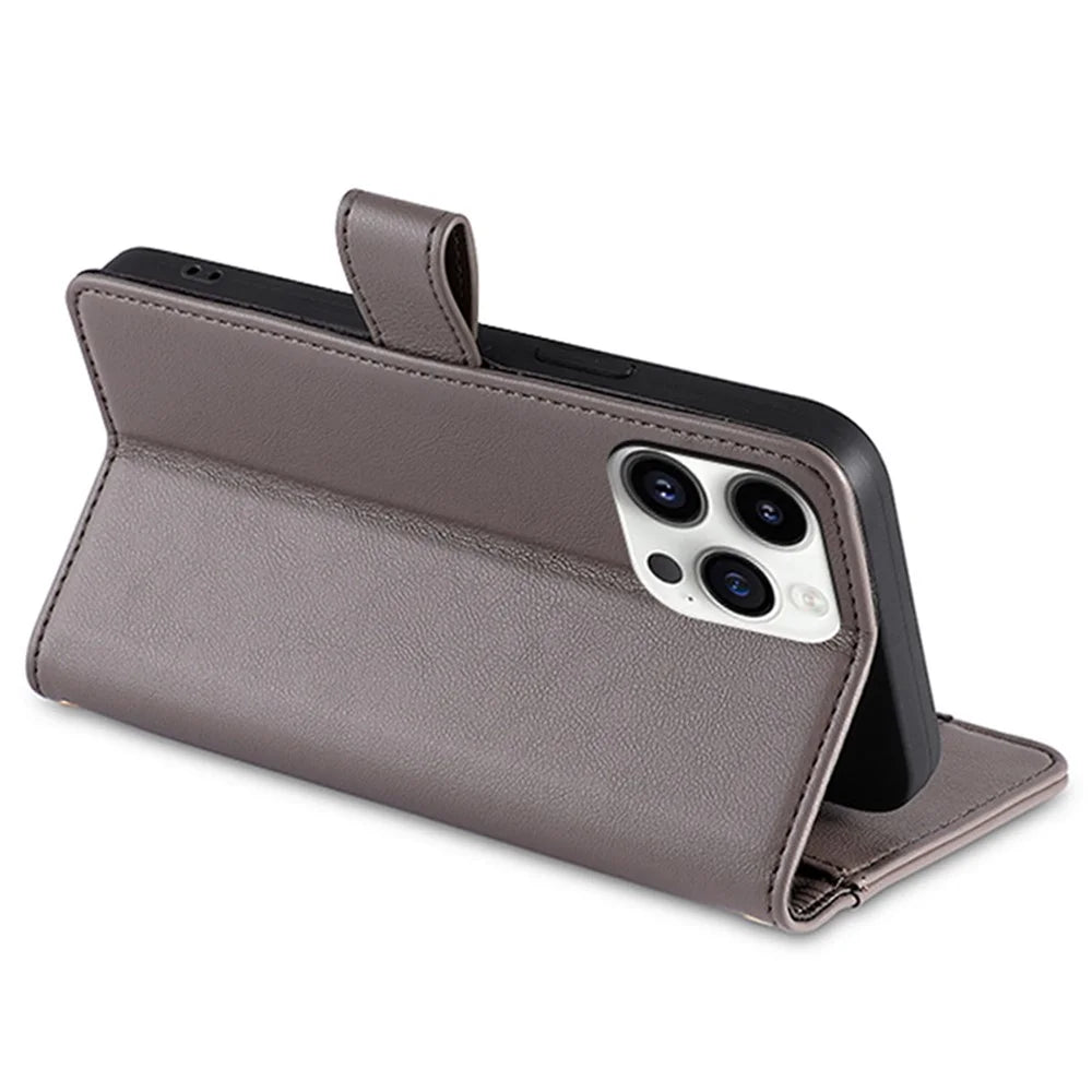For iPhone 15 Pro Zipper Credit Card Holder Case PU Leather Stand Wallet Phone Cover with Wrist Strap and Shoulder Strap - Grey - 4